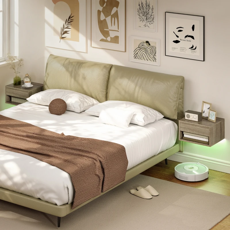 HOMCOM Conjunto de 2 Mesas de Cabeceira Flutuantes com Luzes LED RGB Controlo por APP e Prateleira Aberta 37x32x21 cm Madeira