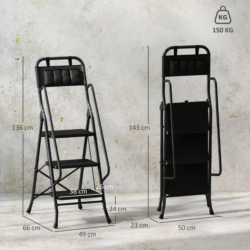 HOMCOM Escalera Plegable de 3 Peldaños con Bolsa de Herramientas Escalera de Tijera con Peldaños Anchos Antideslizantes Negro