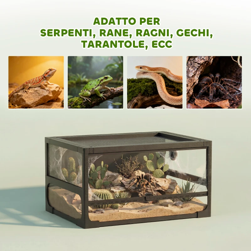 PawHut Rettilario Rialzato e Pieghevole con Coperchio e Pareti in Vetro Temperato e Plastica, 60x45x32 cm, Nero