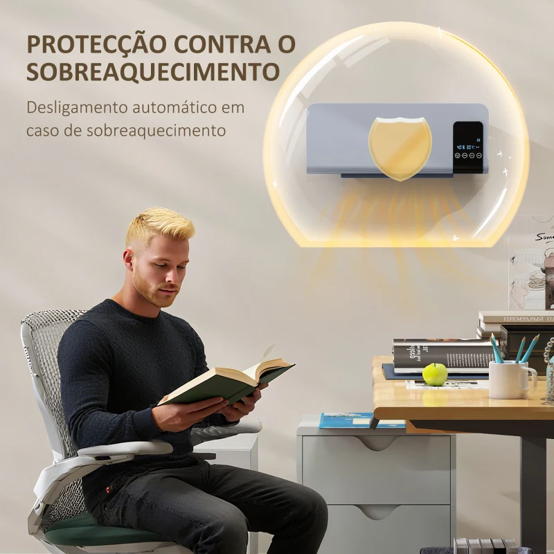 HOMCOM Aquecedor Elétrico de Parede 1000W/2000W com Ecrã LED Controlo Remoto Termostato Temporizador para Áreas de 15-20 m² 54,5x12x21,5 cm Cinzento
