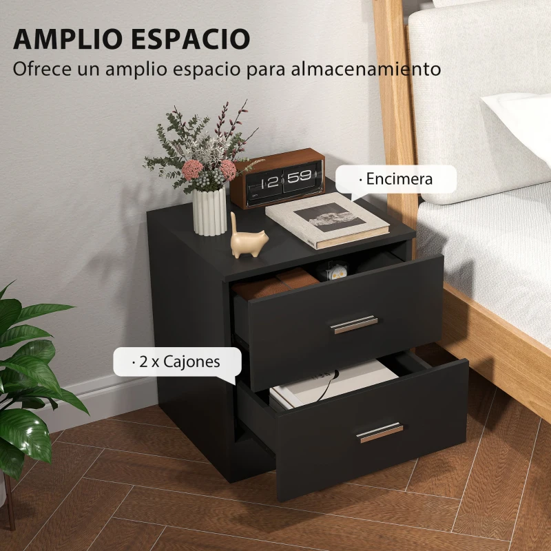 HOMCOM Mesita de Noche Moderna Mesilla de Noche Dormitorio con 2 Cajones para Salón Dormitorio 45x39,5x49 cm Negro