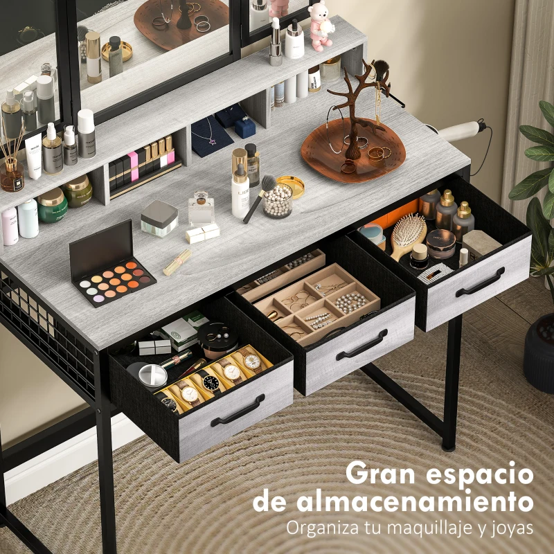 HOMCOM Tocador de Maquillaje con Espejo Tríptico Desmontable Taburete 3 Cajones de Tela Soporte para Secador de Pelo Gris