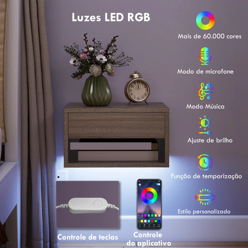 HOMCOM Conjunto de 2 Mesas de Cabeceira Flutuantes com Luzes LED RGB Controlo por APP e Prateleira Aberta 37x32x21 cm Madeira