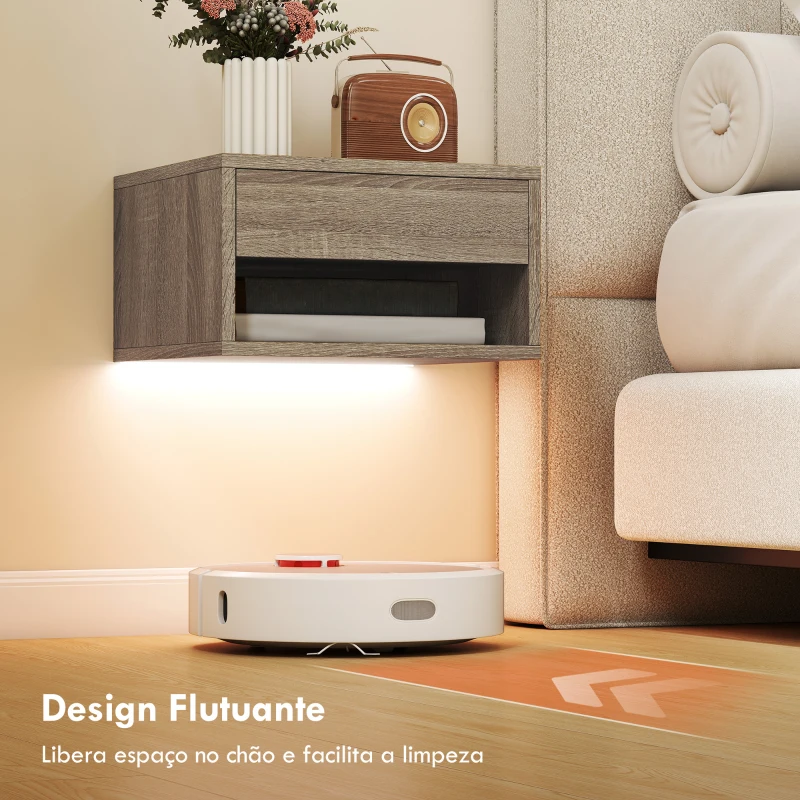 HOMCOM Conjunto de 2 Mesas de Cabeceira Flutuantes com Luzes LED RGB Controlo por APP e Prateleira Aberta 37x32x21 cm Madeira