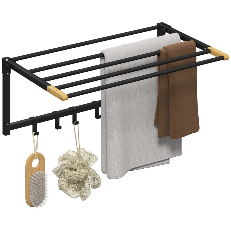 HOMCOM Toallero de Baño de Pared Toallero Plegable con 5 Barras y 6 Ganchos para Toallas Baño 60 cm Negro