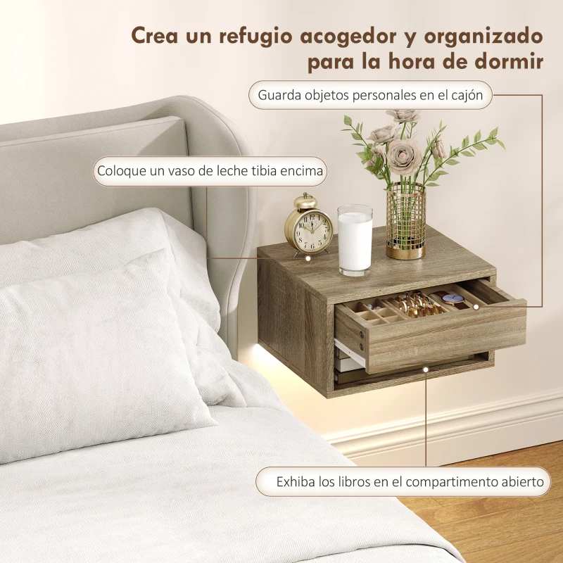 HOMCOM Juego de 2 Mesitas de Noche Flotantes con Luces LED RGB Control de APP Cajón Estante Abierto Natural