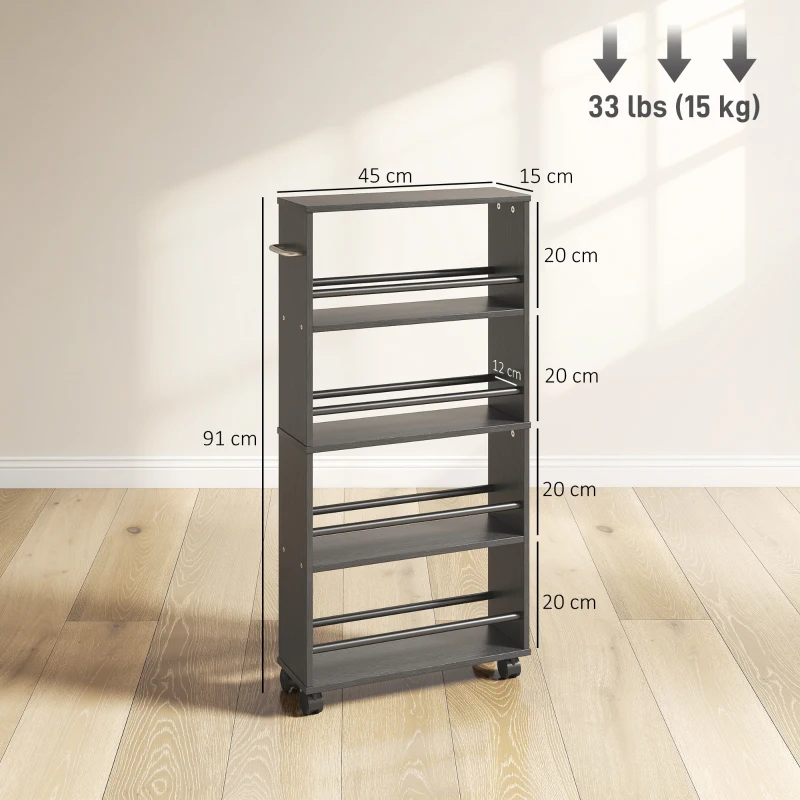 HOMCOM Półka wielofunkcyjna na kółkach, smukły design, 4 przegrody, 45x15x91 cm, czarny