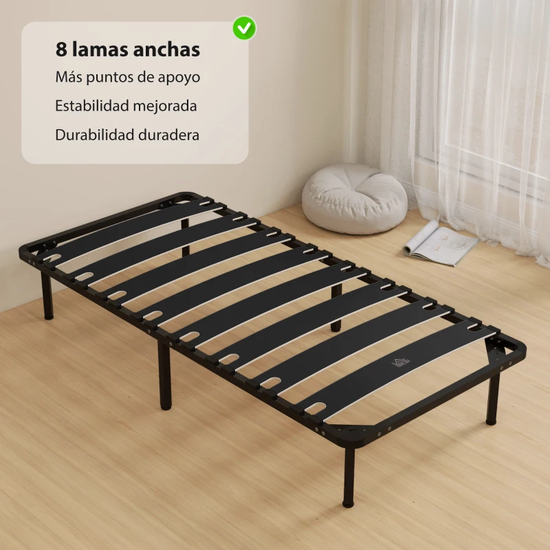 HOMCOM Estructura de Cama 90x190 cm con Marco de Acero Láminas de Álamo y Espacio de Almacenamiento Carga 350 kg Negro