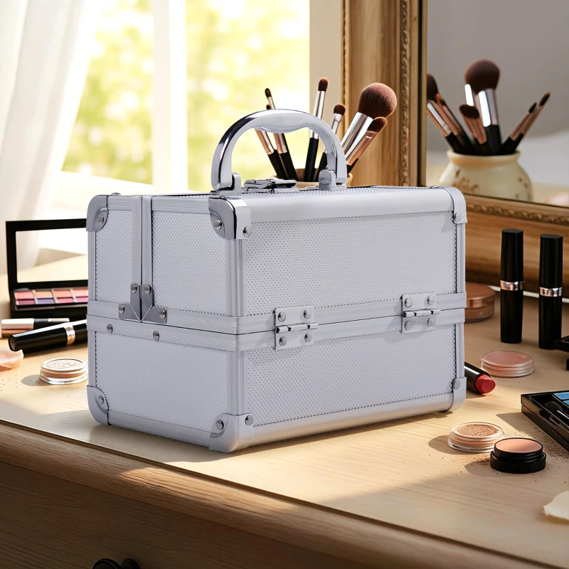 HOMCOM Maletín Maquillaje Profesional Estuche de Cosmético Portátil con Bandejas de 3 Niveles y Espejo 2 Llaves para Joyero Manicura Viaje 20x15x15 cm Plateado