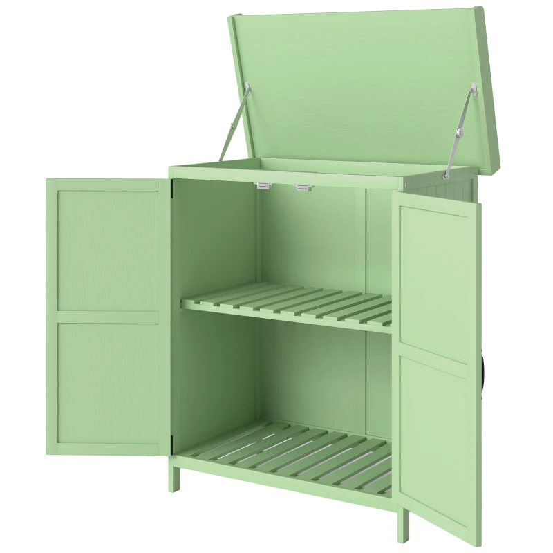 Outsunny Wooden Garden Shed, Garden Tool Storage Shed with Hinged Roof and Shelf, Outdoor Storage Cabinet with Double Doors, Light Green