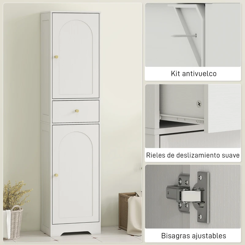 HOMCOM Armario Alto de Baño Estrecho con 2 Puertas Arqueadas Cajón y Estantes Ajustables Moderno 40x29,5x170 cm Blanco Veteado
