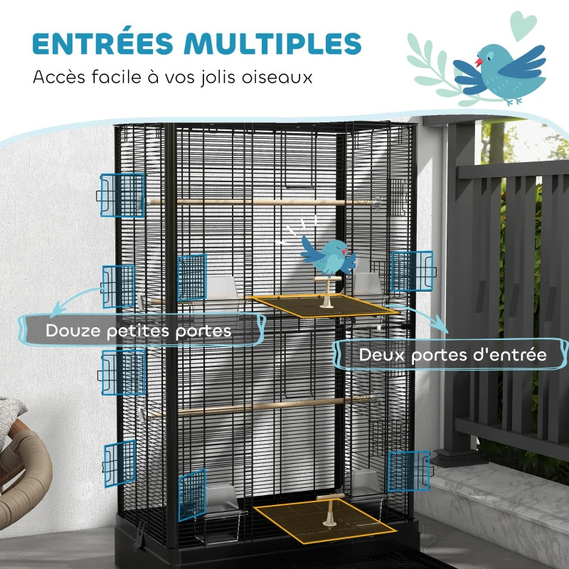 PawHut Cage à oiseaux volière avec portes perchoirs cage pour canaris perruches perroquets 61 x 36,5 x 98 cm noir