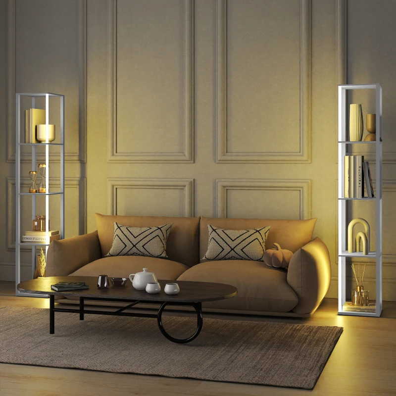 HOMCOM RGB LED Floor Lamp with Shelves, Modern Dimmable Standing Lamp with Remote Control, Adjustable Brightness & Speed for Living Room, Bedroom, Office, White