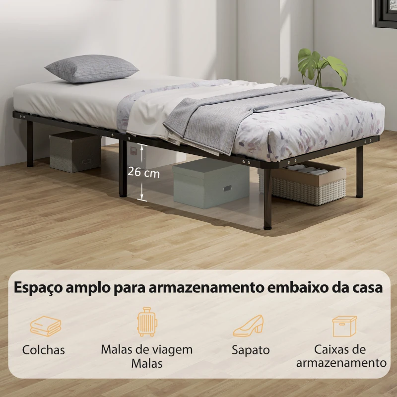 HOMCOM Estrutura de Cama 90x190 cm de Aço com Espaço de Armazenamento em Madeira de Álamo Capacidade 300 kg Preto
