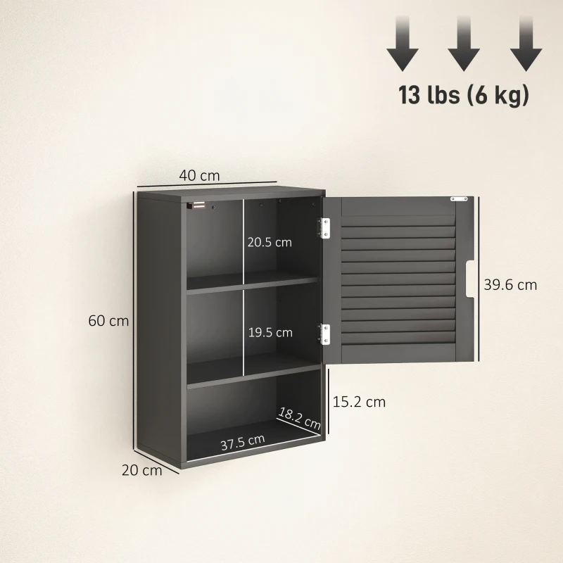 HOMCOM Bathroom Cabinet, Wall Mounted Storage Cabinet with Adjustable Shelves, 40 x 20 x 60 cm, Black