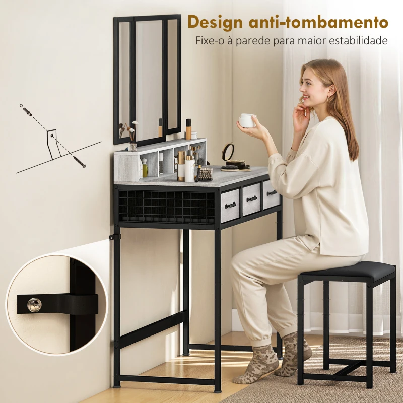 HOMCOM Toucador de Maquilhagem com Espelho Tríptico Removível, Banco Prateleiras e Suporte para Secador 90x40x141 cm Cinzento
