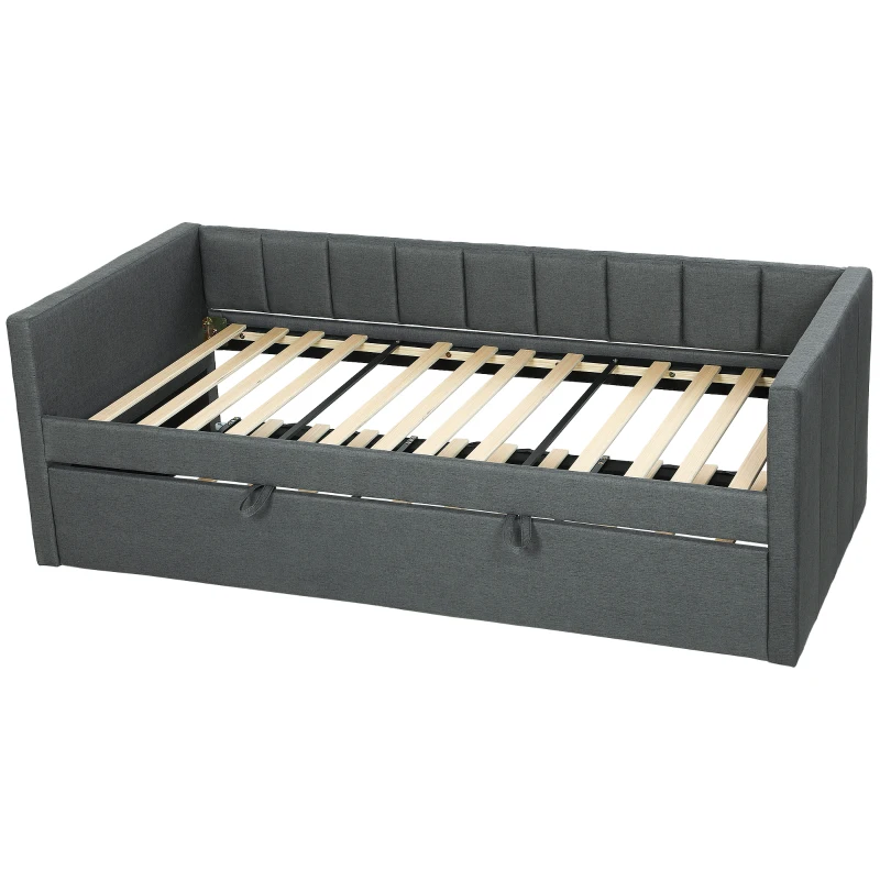 HOMCOM Cama de Solteiro com Segunda Cama Extensível, Revestimento em Tecido e Apoios de Braço, 205x181x70 cm, Cinza Escuro