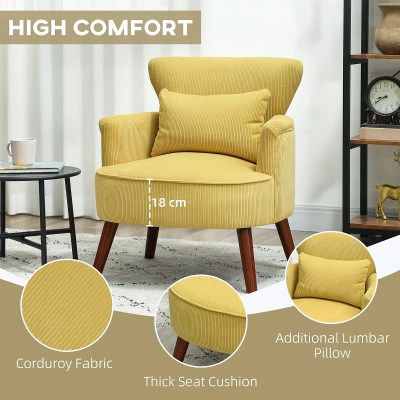 HOMCOM Modern Upholstered Armchair with Lumbar Pillow, Rubberwood Legs — Yellow Corduroy Accent Chair