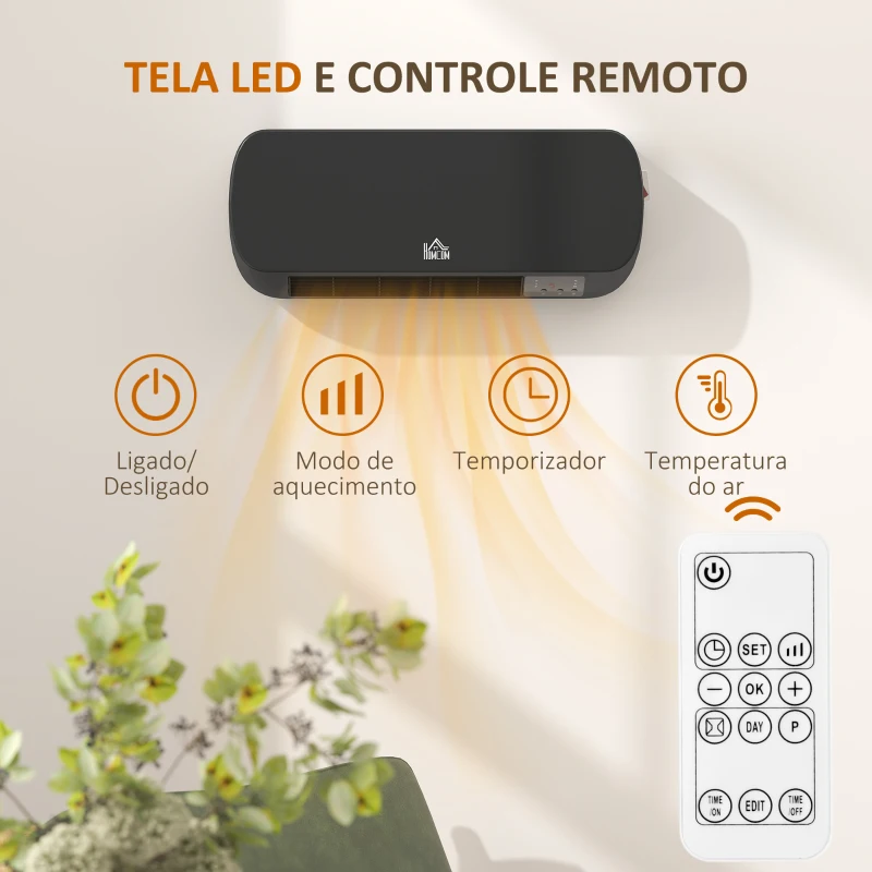 HOMCOM Aquecedor Cerâmico de Parede 1000W/2000W com Controle Remoto 3 Modos de Aquecimento Temporizador de 12h Termostato e Proteção contra Superaquecimento 45x18,6x11,5 cm Preto