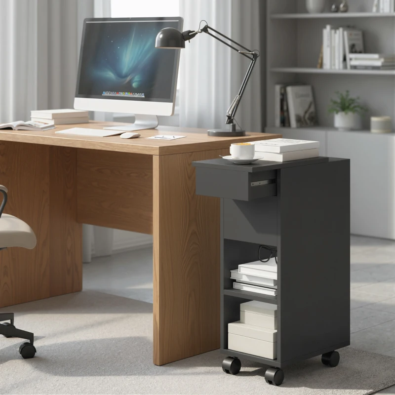 HOMCOM Mesa Auxiliar com Bancada Deslizante e Rodas Mesa Auxiliar com Armazenamento Oculto e Prateleira Ajustável 45x25x70 cm Preto