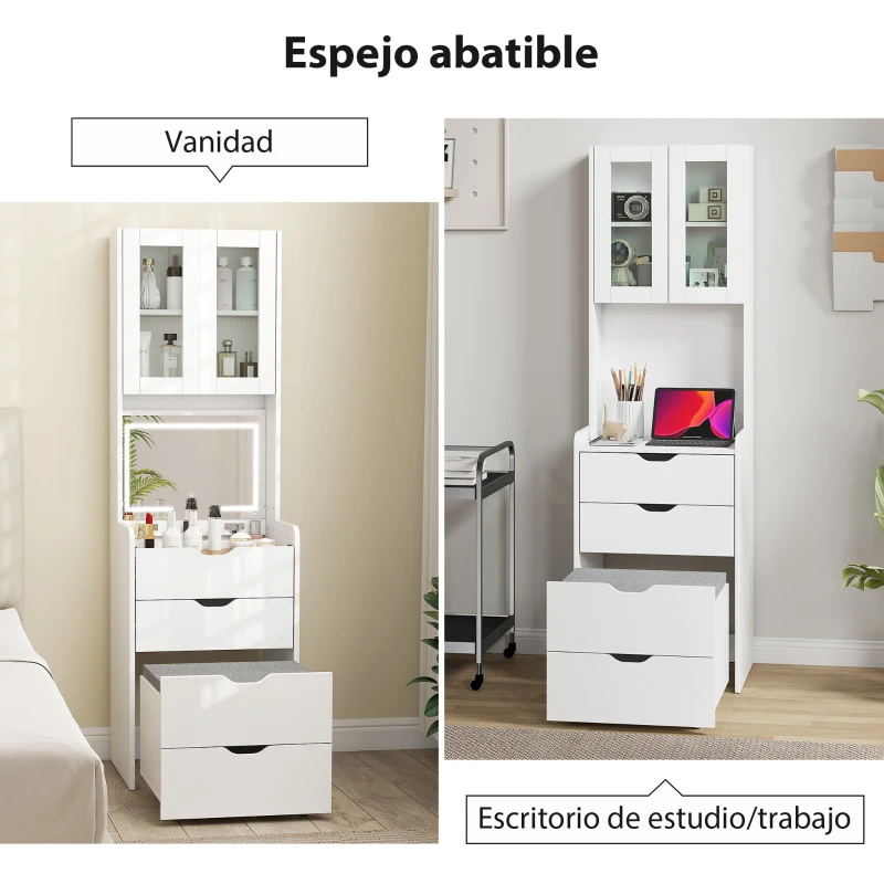HOMCOM Tocador de Maquillaje con luces LED de 3 Colores Espejo Abatible y Taburete Acolchado 3 Cajones y Estantes Blanco