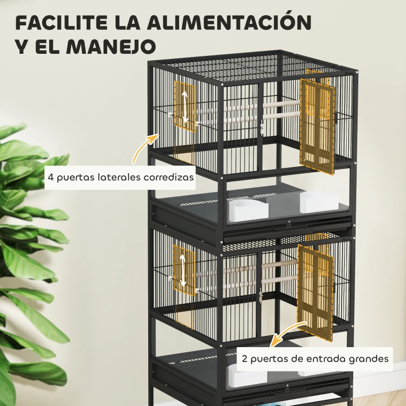 PawHut Jaula para Pájaros de 2 Niveles con Paneles Acrílicos Comederos Perchas Ruedas y Estante Inferior 48x46x134,5 cm Negro