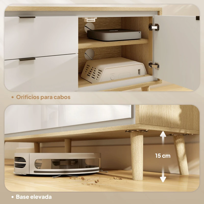 HOMCOM Móvel de TV Moderno para Sala com 2 Gavetas para Televisão 55 Polegadas 120x35x50 cm Branco Brilhante e Carvalho