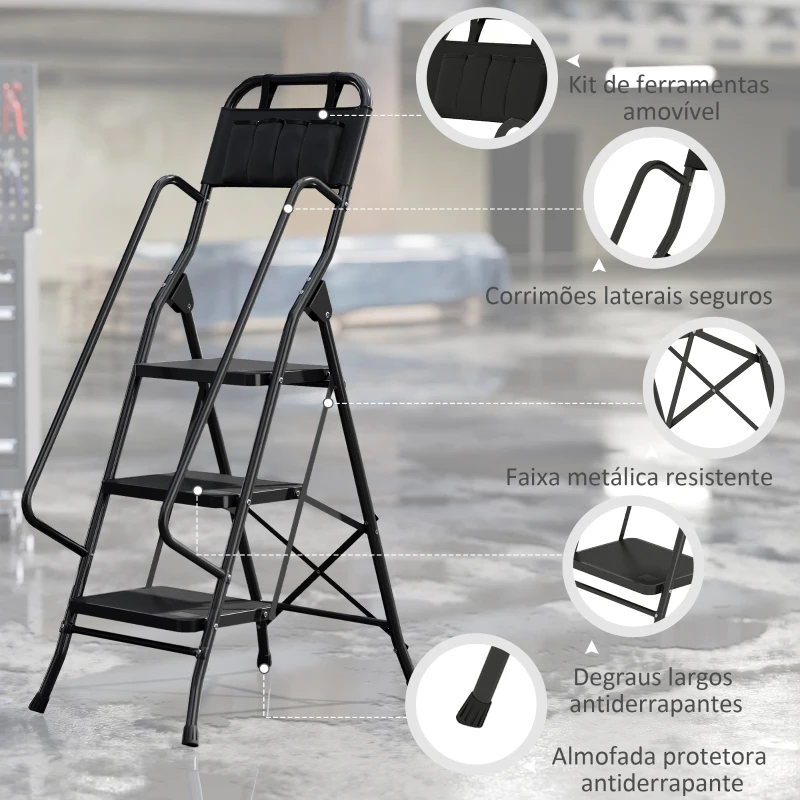 HOMCOM Escada Dobrável com 3 Degraus com Apoio para os Braços e Suporte para Ferramentas 49x66x136 cm Preto