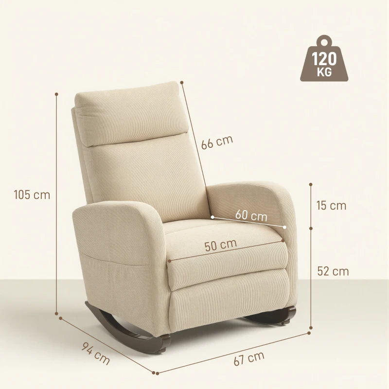 HOMCOM Silla Mecedora de Pana con Respaldo Alto Patas de Madera de Caucho Bolsillos Reposabrazos Estilo Moderno Beige