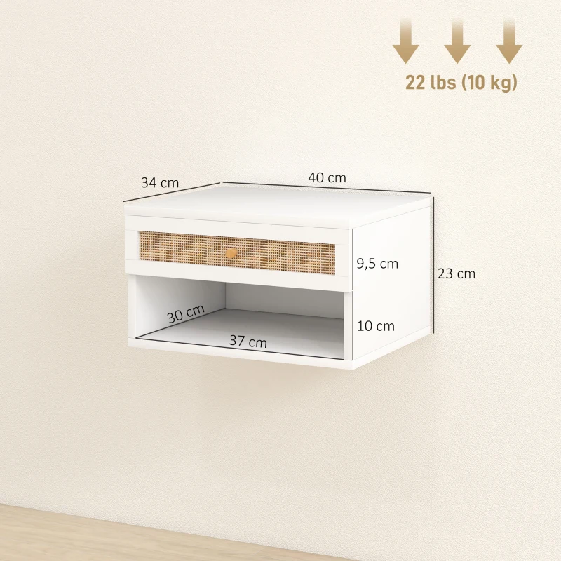 HOMCOM Conjunto de 2 Mesas de Cabeceiras Suspensas com Compartimento Aberto e Gaveta com Frente em Vime 40x34x23 cm Branco
