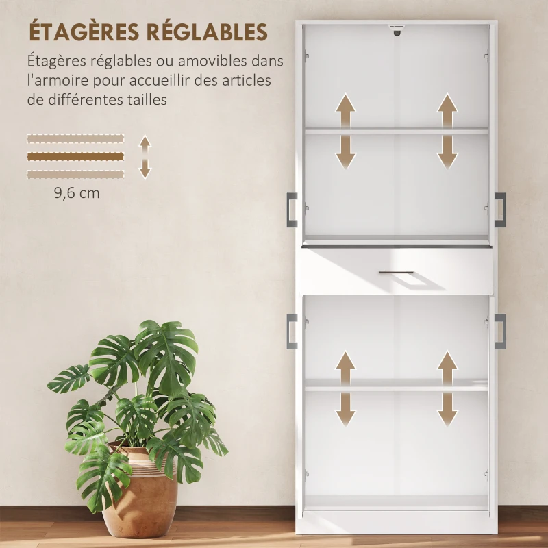 HOMCOM Buffet haut armoire de cuisine 4 portes 2 placards et 1 tiroir central hauteur 180 cm avec 2 étagères réglables blanc