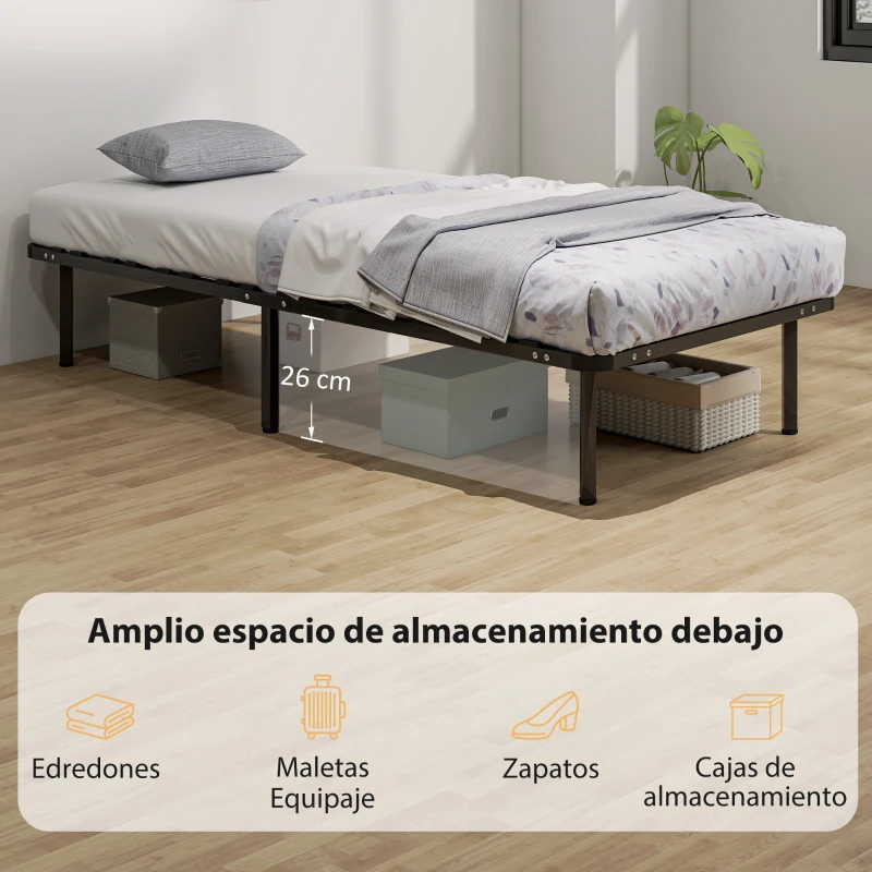 HOMCOM Estructura de Cama 90x190 cm con Marco de Acero Láminas de Álamo y Espacio de Almacenamiento Carga 350 kg Negro