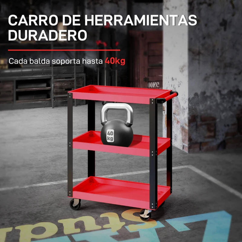 HOMCOM Carro de Herramientas con 3 Estantes Ruedas y Asas para Garaje Mecánico Hogar Carga 120 kg Rojo y Negro