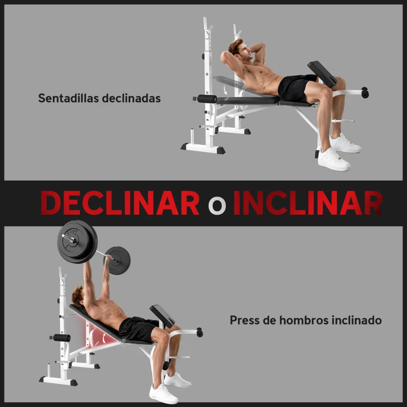 HOMCOM Banco de Musculación Inclinable con Soporte para Barra Ajustable Extensión de Piernas y Curl de Predicador para Gimnasio