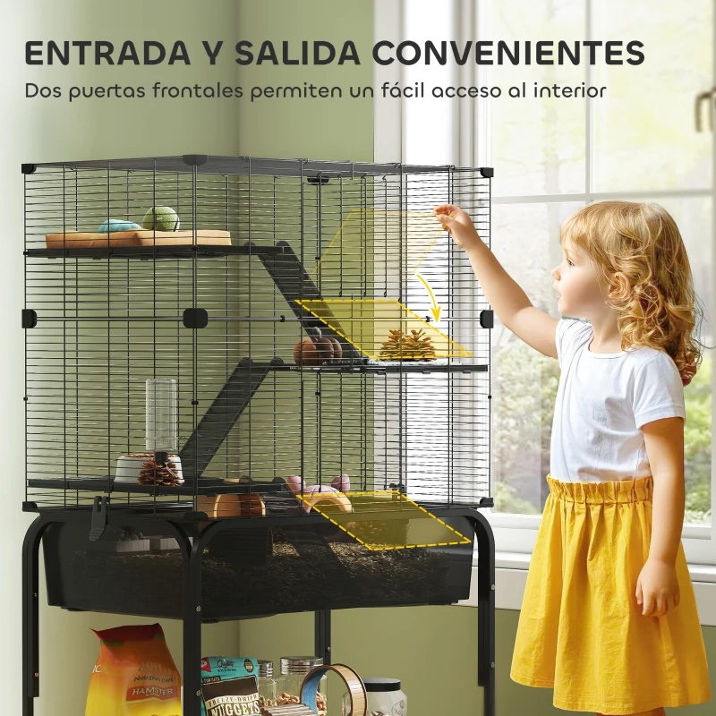 PawHut Jaula para Animales Pequeños de 4 Niveles con Ruedas Bandeja Profunda Rampas Plataformas y Comedero 73x47x123 cm Negro