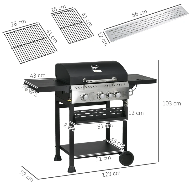Outsunny Four-Burner Steel Gas Grill, with Thermometer - Black
