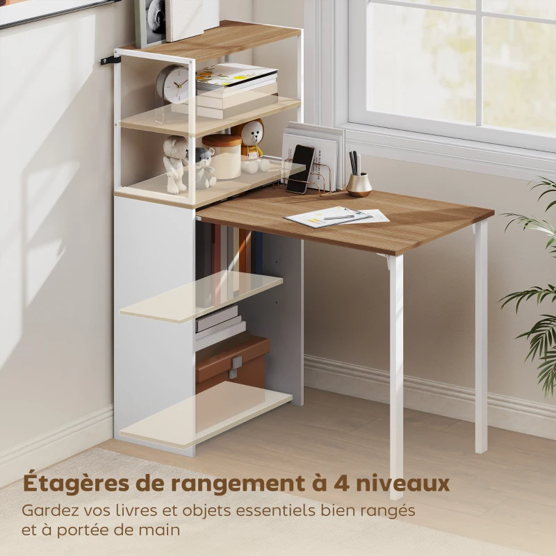 HOMCOM Bureau d'ordinateur pliable avec étagères de rangement à 4 niveaux, bureau avec 2 niches, 105 x 60 x 127 cm, chêne blanc