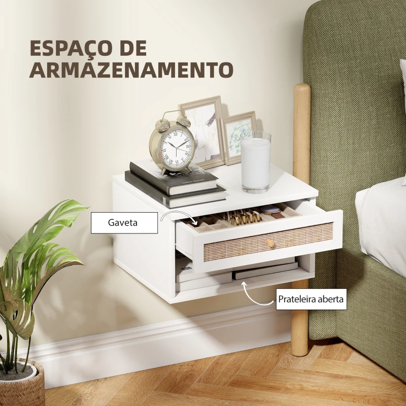 HOMCOM Conjunto de 2 Mesas de Cabeceiras Suspensas com Compartimento Aberto e Gaveta com Frente em Vime 40x34x23 cm Branco