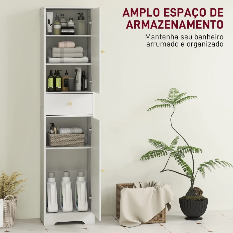 HOMCOM Coluna Casa de Banho com 2 Portas Arqueadas Gaveta e Prateleiras Ajustáveis Armário Alto Casa de Banho 40x29,5x170 cm Branco com Veios