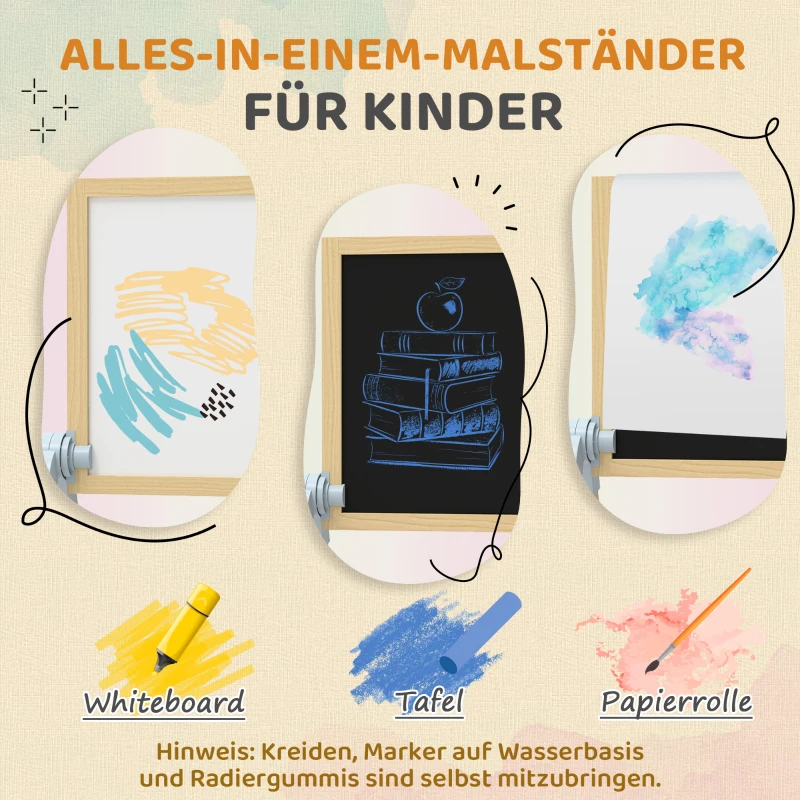 AIYAPLAY Kinder Staffelei aus Holz, Doppelseitige Whiteboard und Tafel Höhenverstellbar Standtafel mit Papierrolle, Ablage, Natur