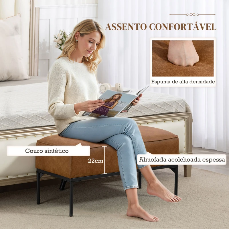 HOMCOM Banco ao Pé da Cama Multifuncional Moderno com Assento Acolchoado Espesso e Pés em Aço PU 80x40x46 cm Castanho