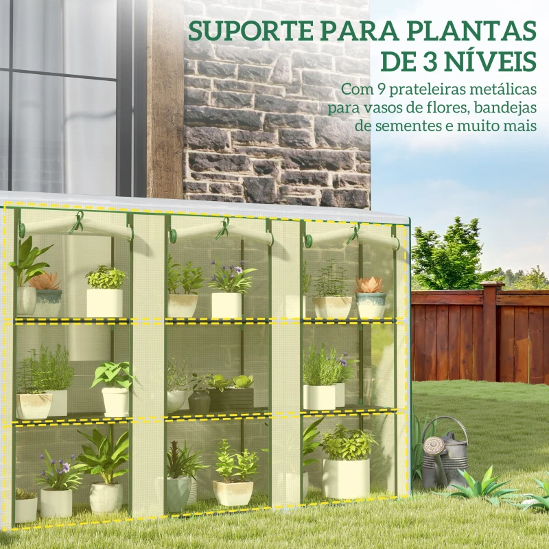 Outsunny Estufa Pequena com Prateleiras de 3 Níveis Portas com Fecho de Correr Estufa para Cultivar 215x46x151 cm Branco