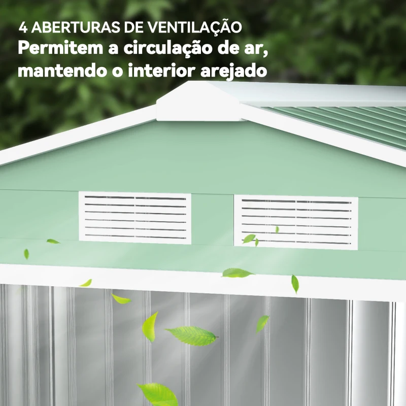 Outsunny Abrigo de Jardim 213x130x185cm Abrigo de Jardim Metálico de Exterior com 2 Portas Deslizantes e 4 Janelas Verde Claro