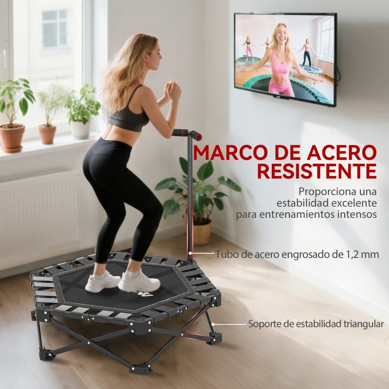 SPORTNOW Trampolín de Fitness Plegable 104 cm con Barra Ajustable en 3 Alturas Marco Metálico Reforzado y Bolsa 104x104x114 cm