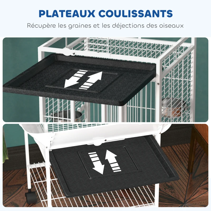 PawHut Cage oiseaux, voliere oiseaux à roulettes avec support, plateau coulissant, perchoir en bois, 62,5x62,5x156cm, blanc