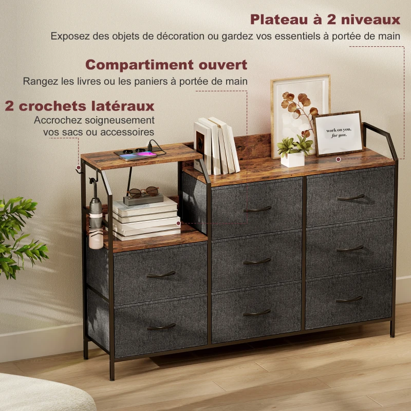 HOMCOM Commode, meuble de rangement avec station de recharge, 8 tiroirs en tissu, étagère ouverte, 130,5x30x88cm, marron