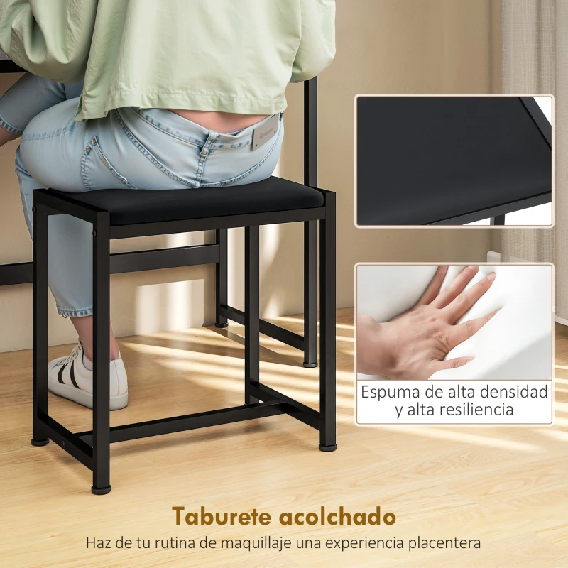 HOMCOM Tocador de Maquillaje con Espejo Tríptico Desmontable Taburete 3 Cajones de Tela Soporte para Secador de Pelo Gris