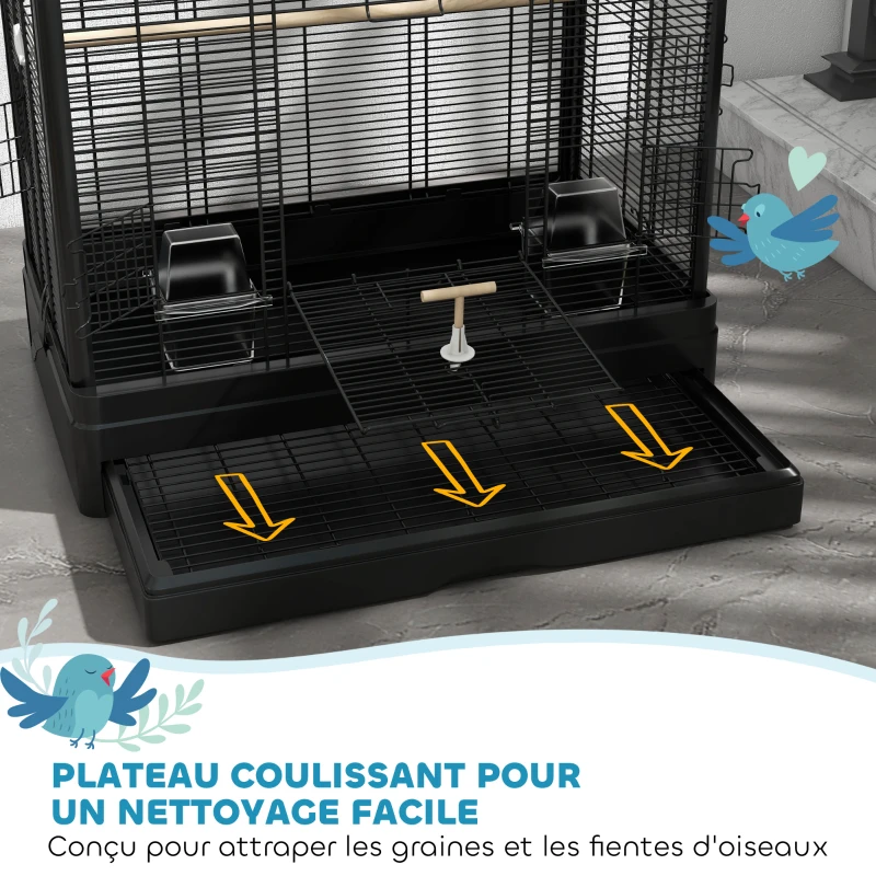PawHut Cage à oiseaux volière avec portes perchoirs cage pour canaris perruches perroquets 61 x 36,5 x 98 cm noir