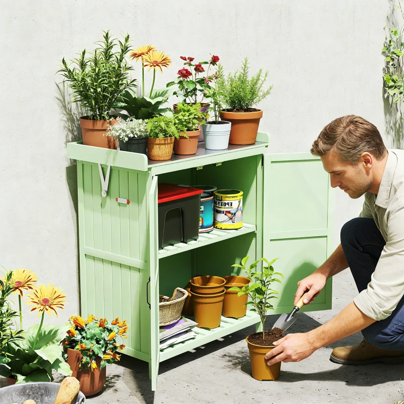 Outsunny Wooden Garden Shed, Garden Tool Storage Shed with Hinged Roof and Shelf, Outdoor Storage Cabinet with Double Doors, Light Green