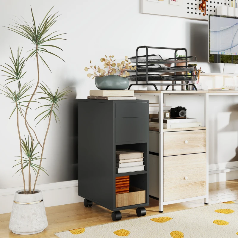 HOMCOM Mesa Auxiliar com Bancada Deslizante e Rodas Mesa Auxiliar com Armazenamento Oculto e Prateleira Ajustável 45x25x70 cm Preto